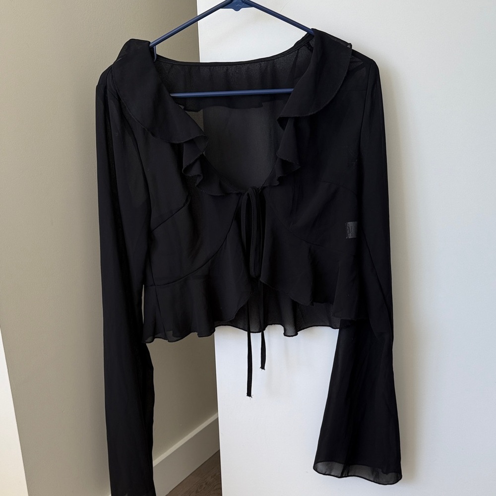 Sheer SHEIN Black Ruffle Tie-Front Blouse